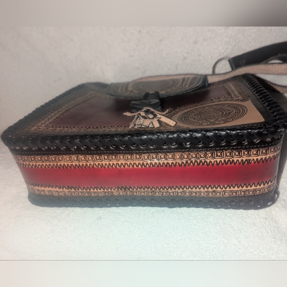Handcrafted Leather Tooled Shoulder Bag - Black, Red, and Tan - Picture 6 of 9